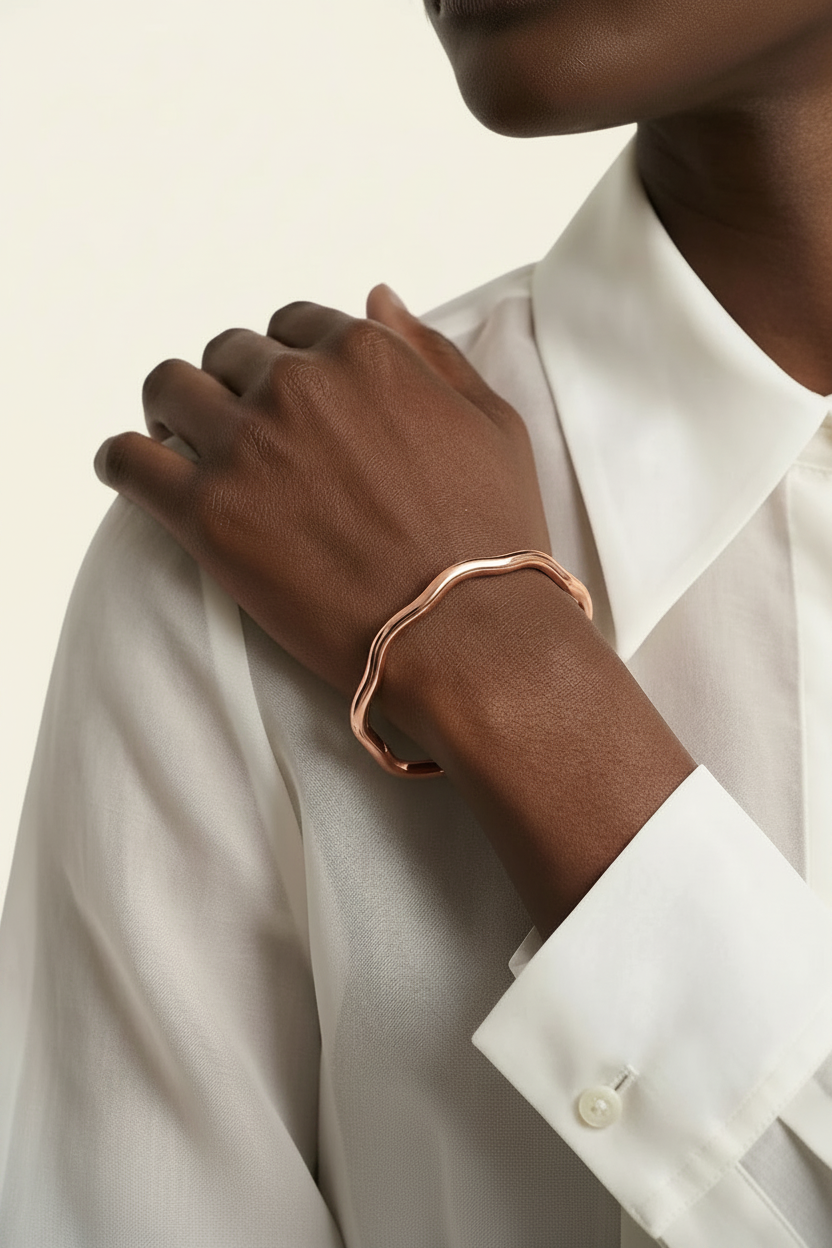 Ripple Cuff Bracelet - Rose Gold - Lifestyle Hand on Shoulder