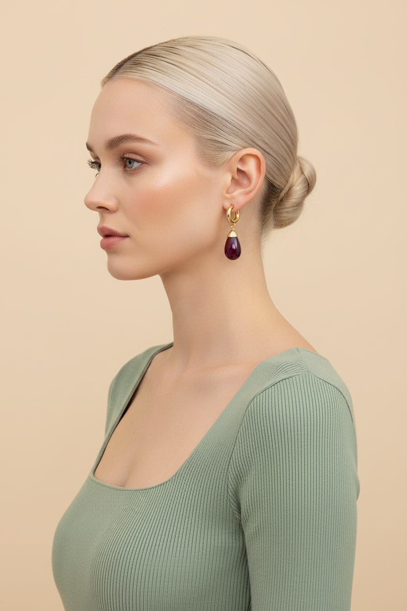 Garnet Huggie Drop Earrings - Gold - Model Side Profile