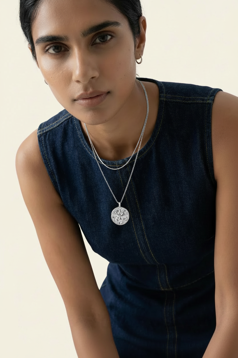 Lumière Medallion Pendant Necklace – Silver, model lifestyle